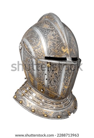 Ancient 16th century close helmet made of steel isolated on white background Royalty-Free Stock Photo #2288713963