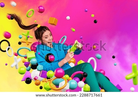 Creative colorful 3d magazine collage image of smiling excited lady playing gane modern gadget isolated painting background