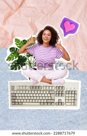 Funny young girl template collage thumbs up demonstrate sympathy like symbol enjoy user mechanical keyboards isolated on drawing background