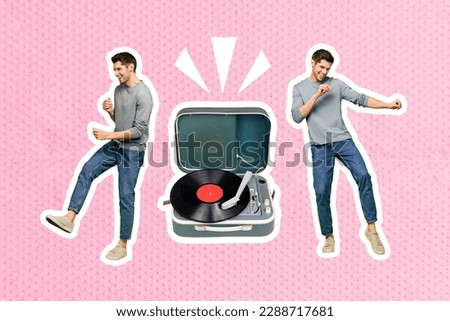 Collage artwork graphics picture of funny carefree guys having fun enjoying vinyl songs isolated painting background