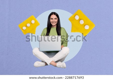 Artwork magazine collage picture of smiling tricky lady texting message modern device isolated drawing background