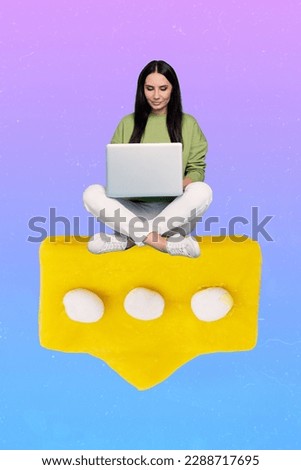Photo artwork minimal collage picture of smiling lady chatting instagram twitter telegram facebook isolated drawing background