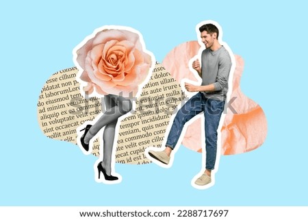 Photo banner creative collage of youngster carefree couple lovers absurd girl pink fresh rose dancing holiday isolated on blue background