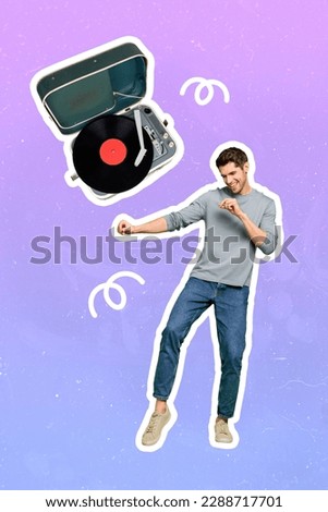 Photo invitation party collage clubber funny guy enjoy listen turntable pop music lover vinyl player isolated on gradient background
