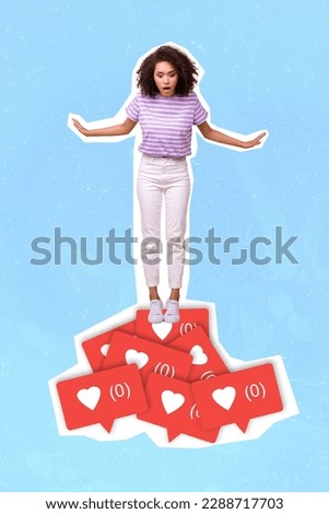 Creative advertisement collage new marketing agency promo young girl unpopular beginner blogger unpopular isolated on blue background