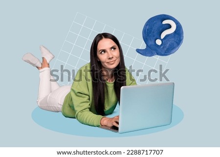 Photo composite collage of lying cute business woman marketer netbook thinking guessing how create new ad isolated on plaid background