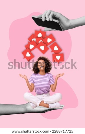 Magazine poster collage of young happy girl blogger addicted collect much social media feedbacks likes icon isolated on pink background Royalty-Free Stock Photo #2288717725