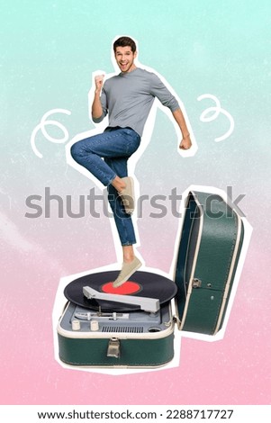 Photo of guy personage collage design clubber guy dancing turntable vinyl record excited meloman isolated on gradient pink blue background