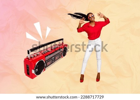 Composite designed artwork collage of young luxury girl glamour wear sunglass dance listen old boombox sound isolated on sketch background