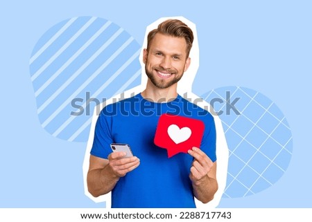 Photo of funny addicted young facebook user man browsing direct smartphone collect likes feedback online isolated on blue plaid background