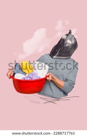 Vertical collage picture of busy guy iron instead head hands hold clothes laundry basket isolated on pink background