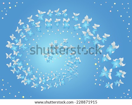 Spiral of flying butterflies on a blue background, hand drawing work