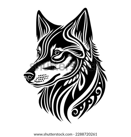 Vector illustration of a Siberian Huskie dog head in the style of a tattoo. Ideal for pet-related designs, home decor, and other related designs.