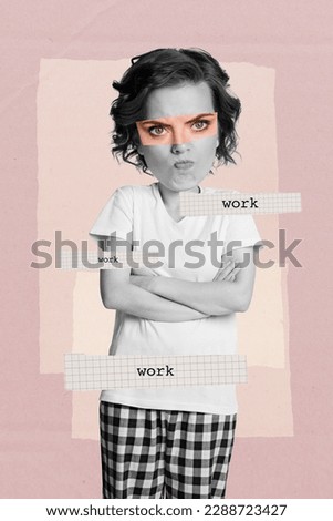 Creative collage photo of young unhappy stressed woman awake folded hands dissatisfied she need work isolated over pink drawn background