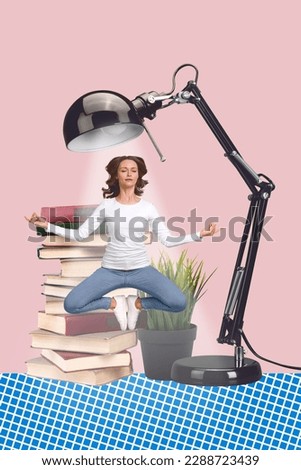 Creative collage of young bookworm girl enjoy read stack literature materials lamp light jump relax meditation isolated on pink background