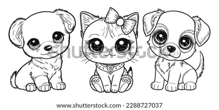 Set of cartoon cat and dog. Baby animals in line drawing. Vector illustration isolated on white background. For printable children's and adults coloring page or book, kids toddler activity.