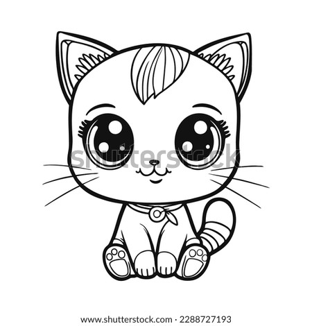 Cute cartoon cat or kitten. Baby animal in line drawing. Vector illustration on isolated white background . For printable children's and adults coloring page or book, kids toddler activity.