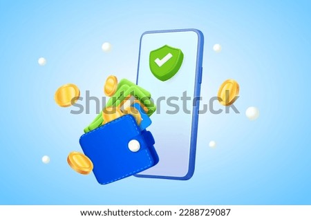 3d floating smartphone with green tick, wallet, banking debit credit cards, coins on background. Banner for online promotion, e-commerce, shopping, advertising. 3D vector illustration. Royalty-Free Stock Photo #2288729087