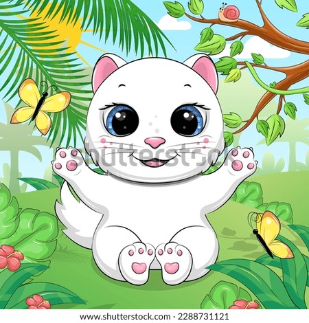 Cute cartoon white cat in nature. Vector illustration of an animal on a green background with trees, butterflies, flowers and leaves.