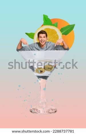Vertical collage picture of cheerful mini guy inside alcohol cocktail glass point fingers isolated on drawing creative background