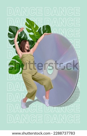 Vertical photo banner cover collage of young relaxed lady wear glamour style outfit dance cd disc playlist isolated over cyan background