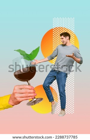 Vertical collage portrait of big arm hold give wine glass mini excited dancing guy isolated on creative background