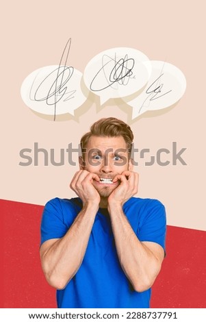 Vertical creative illustration collage photo of terrified horrified confused man biting fingers staring isolated drawing background
