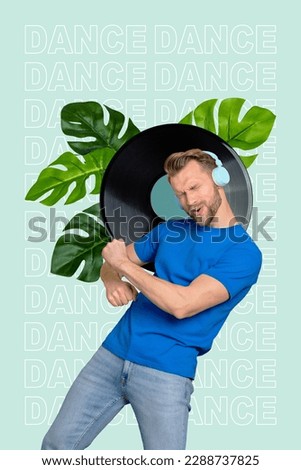 Vertical creative collage photo of positive satisfied good mood man wear headphones dancing enjoy playlist isolated on drawing background