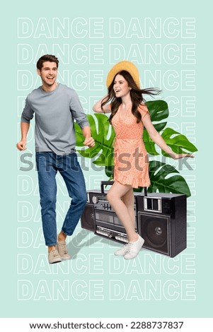Vertical collage image of two excited carefree people have fun dancing big boom box plant leaf isolated on creative background