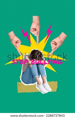 Vertical creative collage illustration photo of big fingers directing at sad upsat abused young girl isolated on drawing background