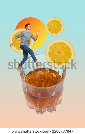 Vertical collage portrait of mini positive guy walk huge whiskey glass lemon slices isolated on painted background