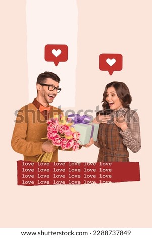 Vertical collage image of two smiling excited partners congratulate gift box flowers like notification love isolated on creative background