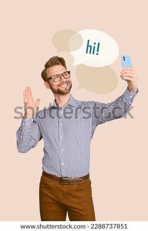 Collage artwork graphics picture of happy smiling guy communicating instagram twitter telegram facebook isolated painting background