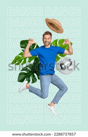 Vertical abstract creative collage photo of funny excited positive male dancing directing at himself isolated on drawing background