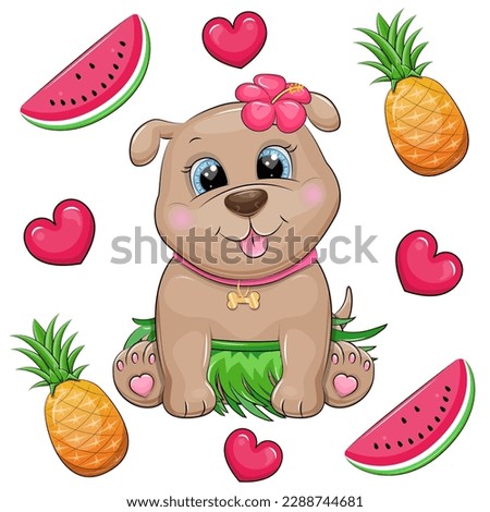 Cute cartoon Hawaiian puppy with tropical flower and green skirt. Summer vector illustration of a dog with fruits and hearts on a white background.