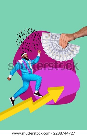 Creative abstract template graphics collage image of funky cool guy running earning cash isolated colorful background