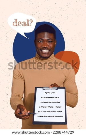 Photo portrait of young business man collage interviewer asking you put signature paper notepad deal commerce isolated on beige background