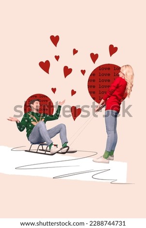 Postcard valentine day winter holidays weekend collage couple tradition girl drag sleigh boyfriend love story isolated on beige background