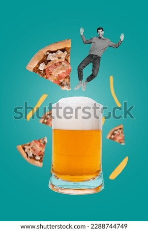 Photo cartoon comics sketch collage picture of excited funky guy jumping beer glass enjoying pizza isolated drawing background