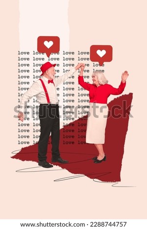 Photo sketch collage graphics artwork picture of happy smiling senior couple celebrating 14 february isolated drawing background