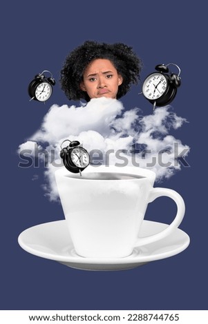 Creative retro 3d magazine collage image of unhappy upset lady felling tired waking up morning coffee isolated blue color background