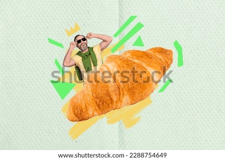 Photo collage excited funny aged man inside big croissant visit favorite takeaway takeout bakery bakehouse breakfast background