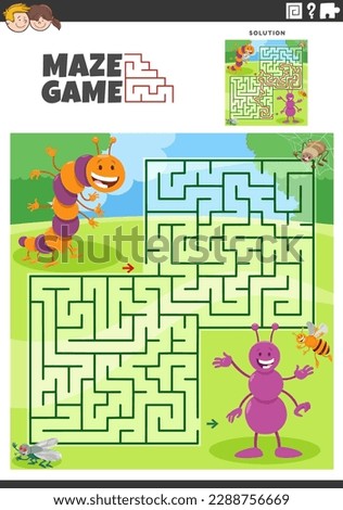 Cartoon illustration of educational maze puzzle activity for children with funny insects animal characters
