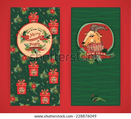 Merry Christmas and Happy New Year background. Design elements for posters, flyers, graphics module, paper, wallpaper. Seamless pattern with Christmas gifts.Vector illustration of goat, symbol of 2015