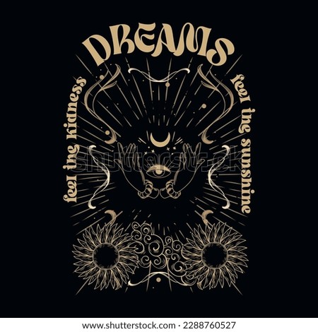 Dreams slogan with hand and moon illustration for t shirt print design or other uses - Vector