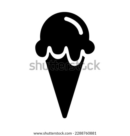 Ice cream icon, black silhouette on white. One ice ball in waffle cone, segmented shape in stencil style. Vector element for minimalist summer design and print, street food illustration or logo.