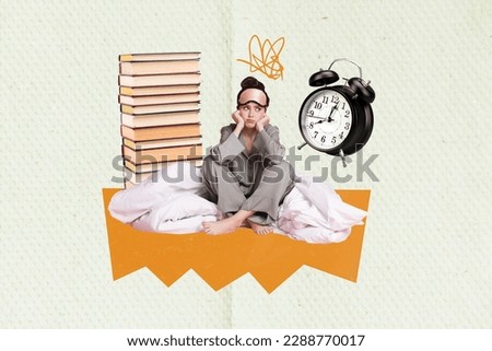 Picture collage photo student tired studying early awakening sleepy have to learn Monday morning isolated graphics artwork background