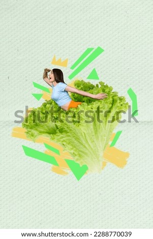 Young excited lady inside big lettuce leaf preparing summer dieting losing weight conceptual photo picture collage background