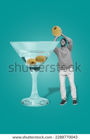Exclusive magazine picture sketch collage image of funny smiling guy preparing dry martini isolated teal color background