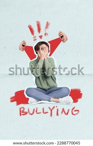 Vertical photo collage young abused girl close eyes suffer social bad opinion bullying mad people society picture background